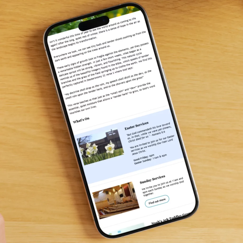 a phone displaying a church newsletter